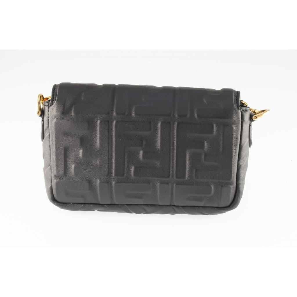 Fendi Embossed FF Mini Baguette Bag Black Leather Gold HW Box and Dustbag