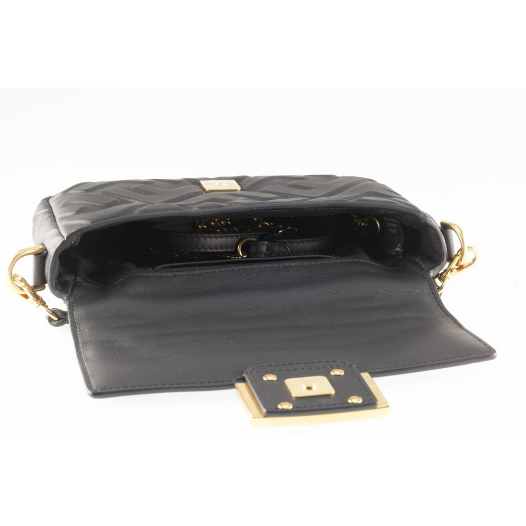 Fendi Embossed FF Mini Baguette Bag Black Leather Gold HW Box and Dustbag