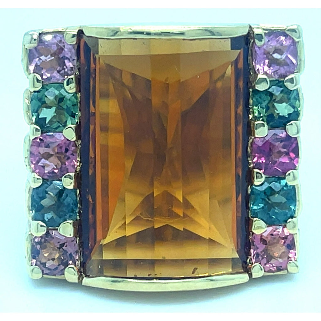 18k Yellow Gold Domed Citrine and Tourmaline Ring Size 8.75