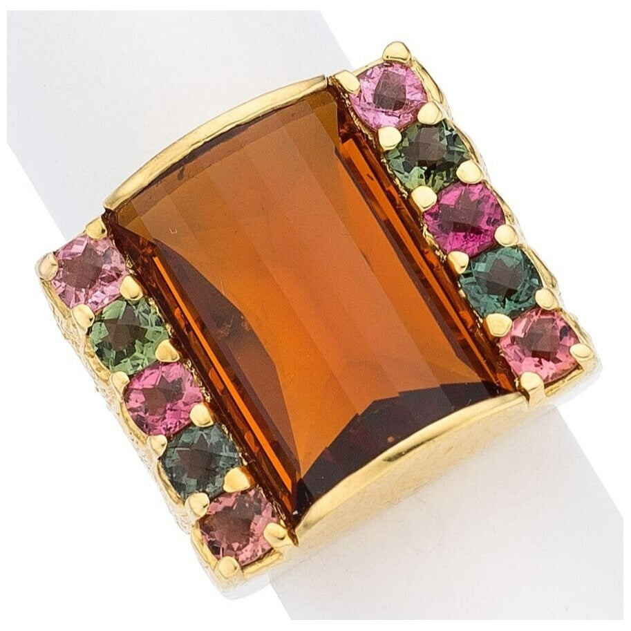 18k Yellow Gold Domed Citrine and Tourmaline Ring Size 8.75