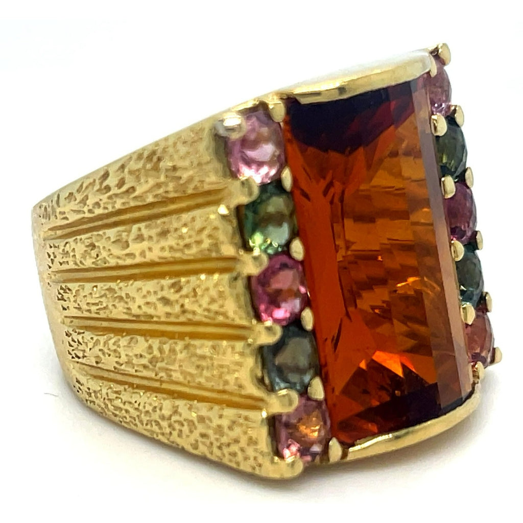 18k Yellow Gold Domed Citrine and Tourmaline Ring Size 8.75