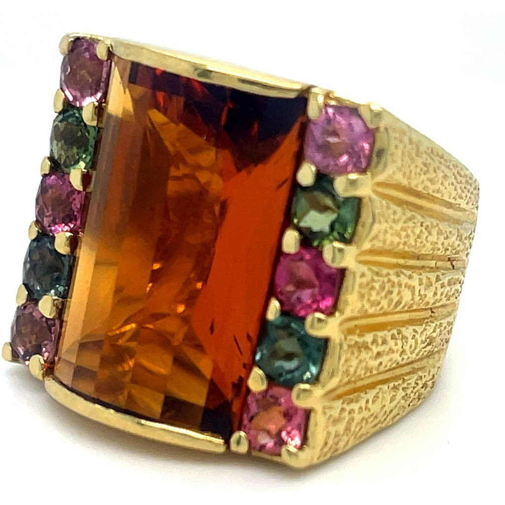 18k Yellow Gold Domed Citrine and Tourmaline Ring Size 8.75