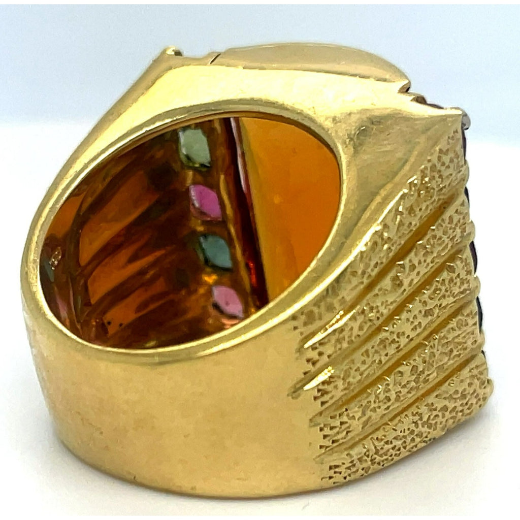 18k Yellow Gold Domed Citrine and Tourmaline Ring Size 8.75