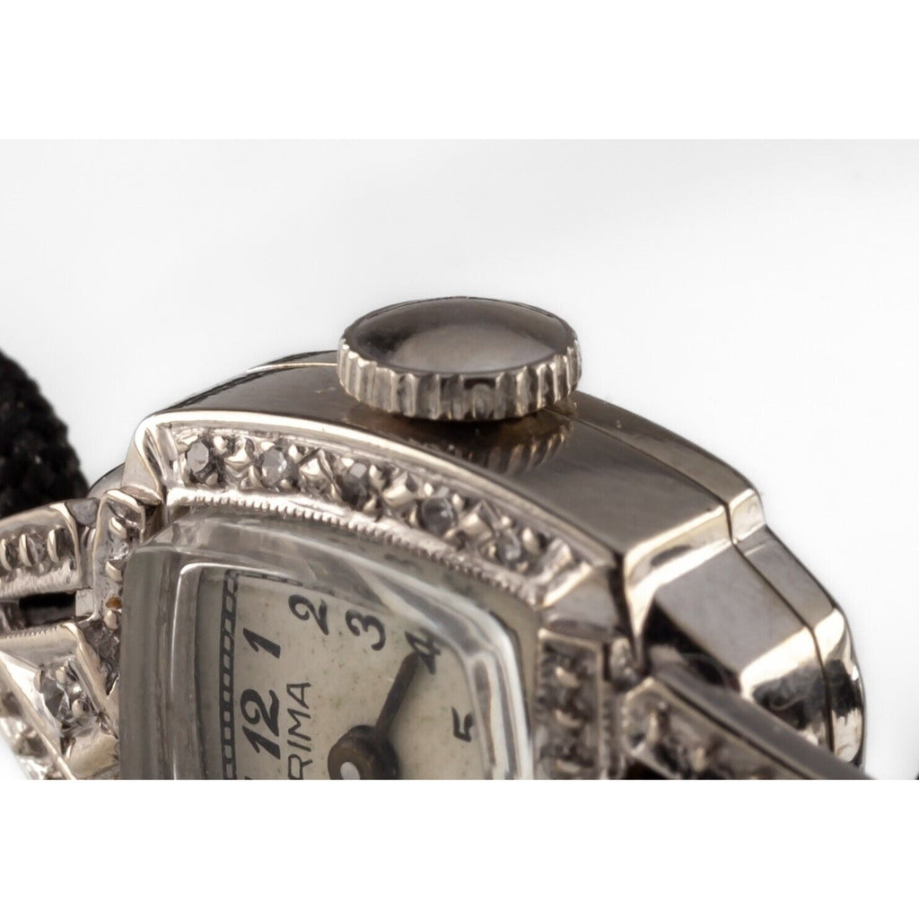 Rima 14k White Gold Diamond Vintage Ladies Dress Watch w/ Cord Band