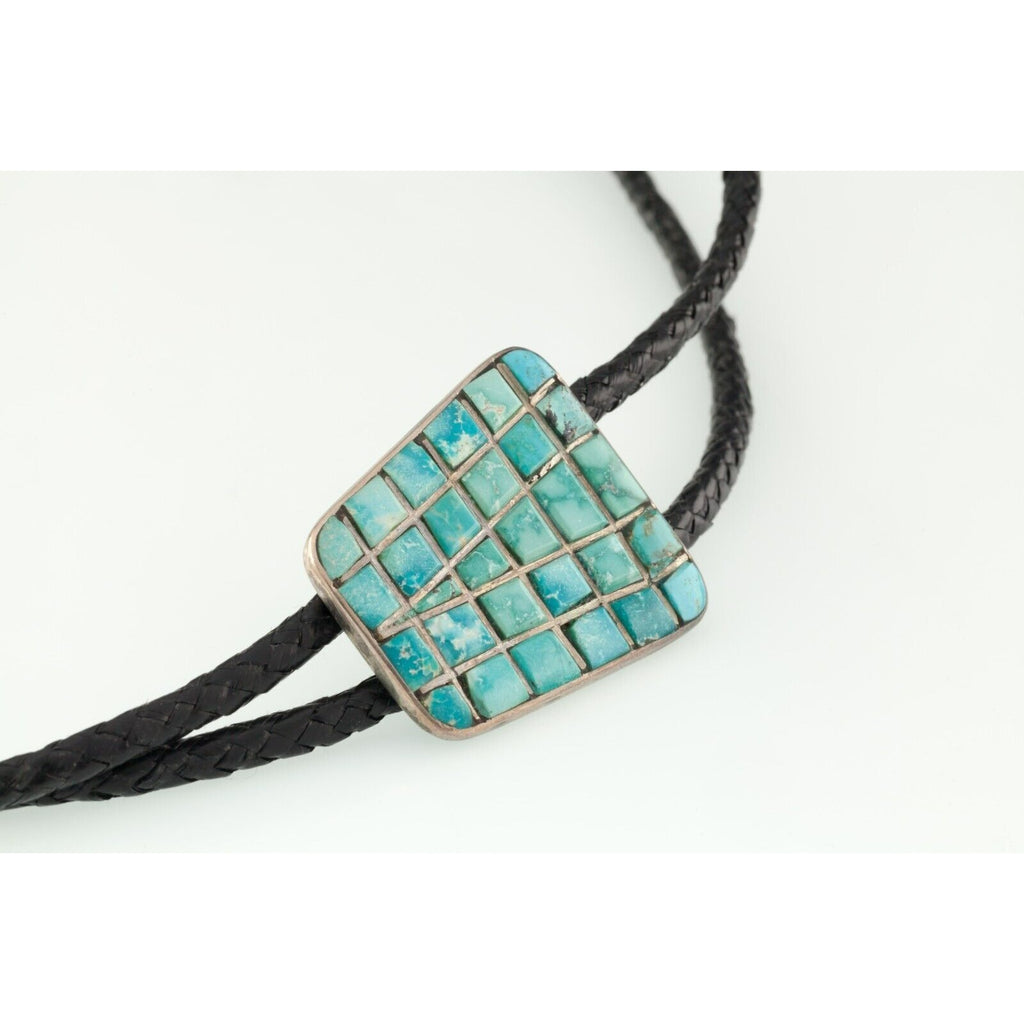 Vintage Zuni Turquoise Inlay Sterling Silver Bolo Tie, Hand Signed!