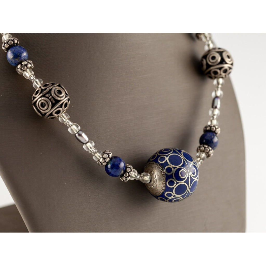 Sterling Silver Strand Lapis Lazuli, Glass Bead, and Accent Bead Necklace 18"