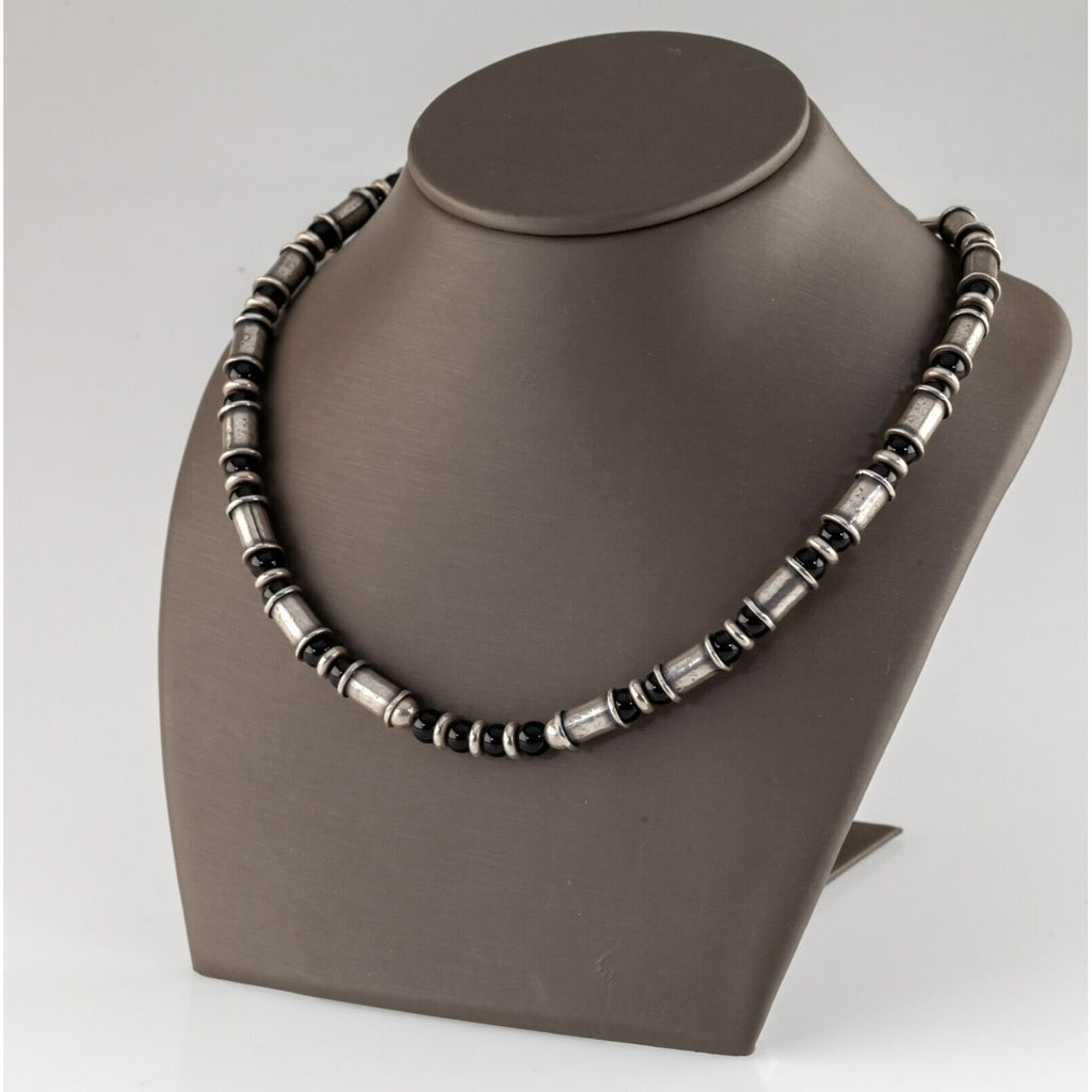 Sterling Silver Onyx Beaded Necklace with Toggle Clasp Adjustable 17"+