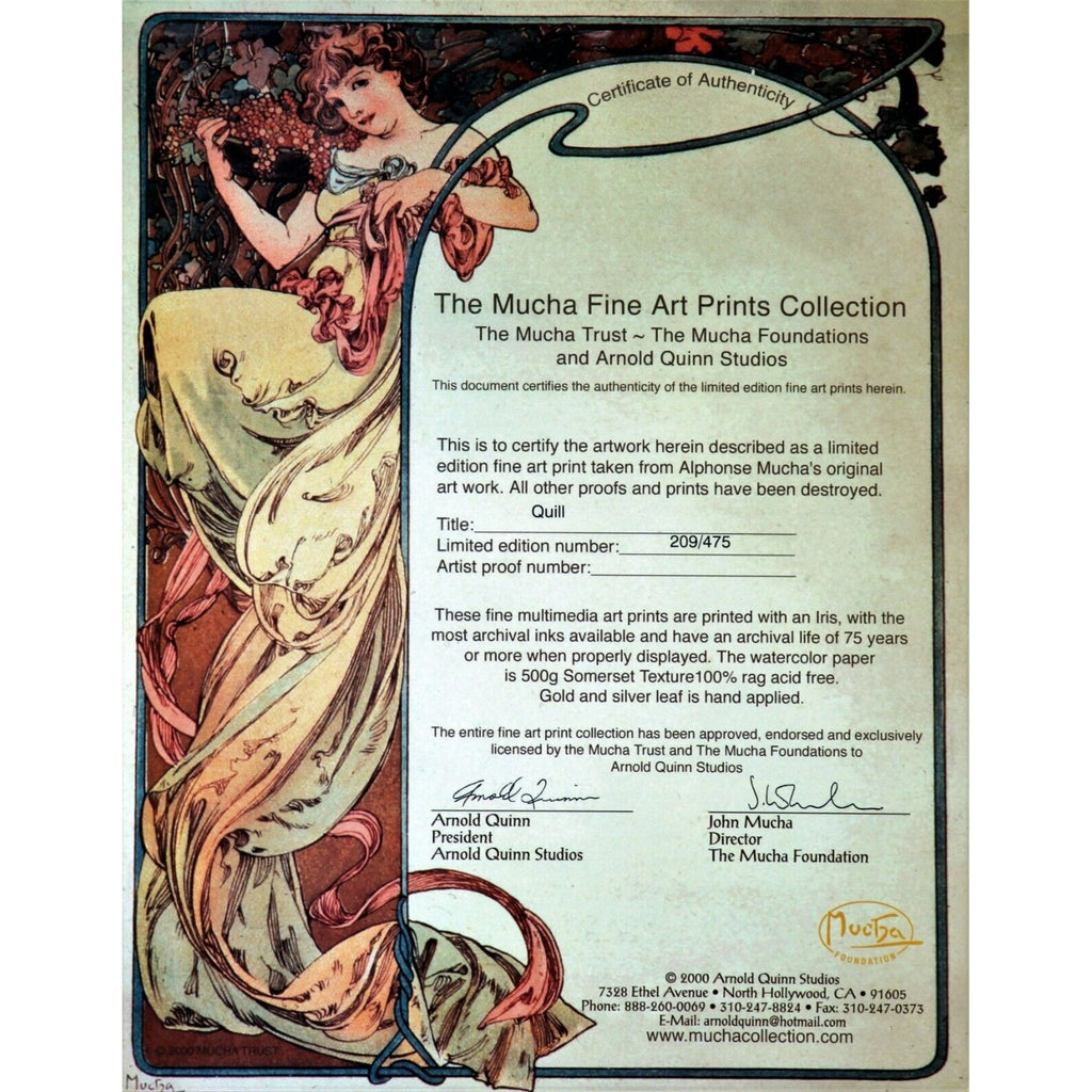 "Feather" 1899, Alphonse Mucha Signed LE No.209/475 Giclée Framed w/ CoA