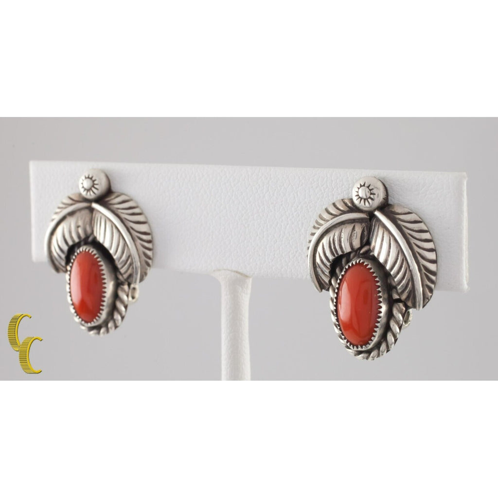 Sterling Silver Coral Clip-On Earrings with Leaf Motifs Gorgeous!
