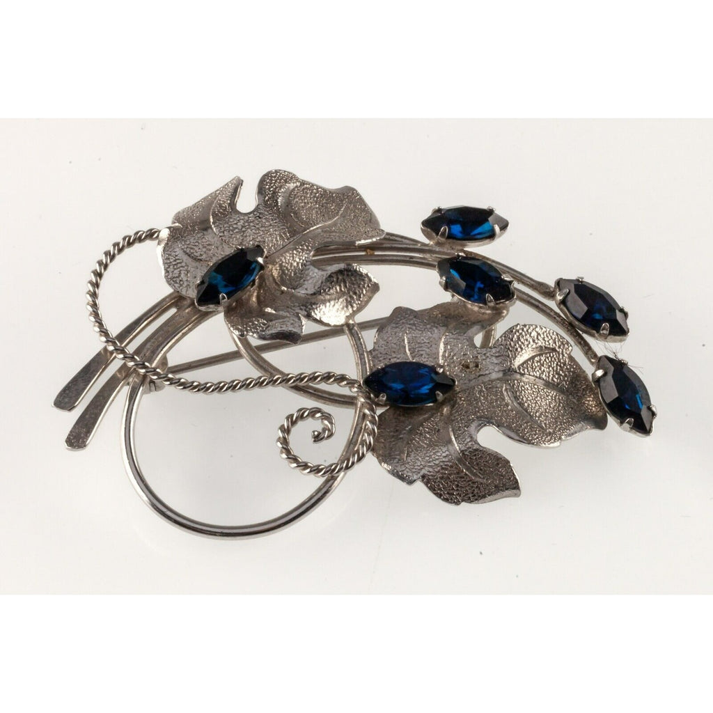 Vintage Bond Boyd Sterling Silver Blue Crystal Floral Brooch