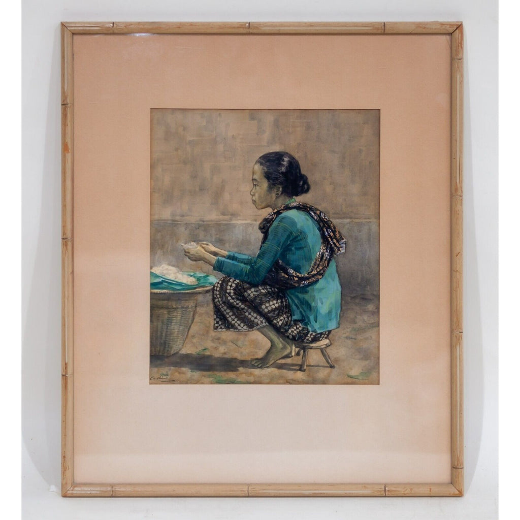 Untitled Javanese Watercolor Woman washing Rice Framed 1941