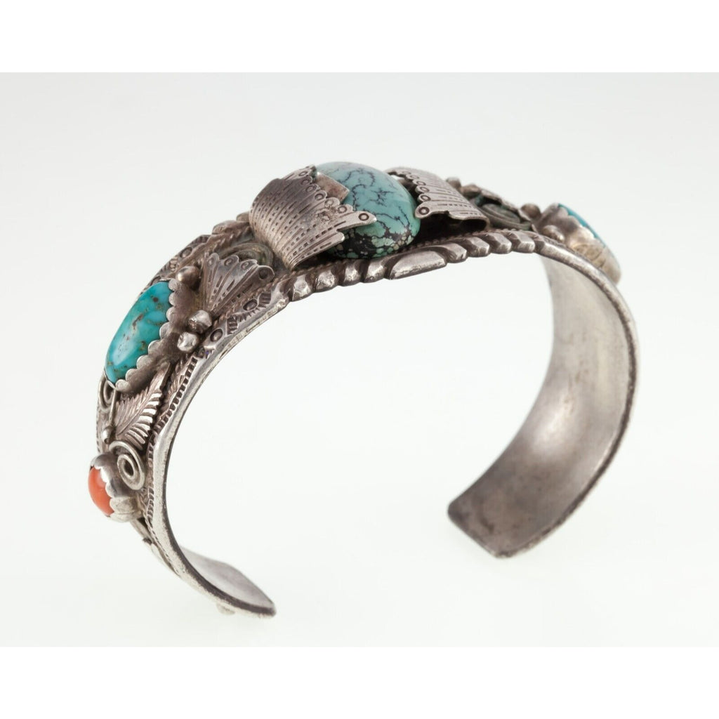 Vintage Kenny Jack Navajo Turquoise & Coral Sterling Silver Cuff Bracelet 45.2g