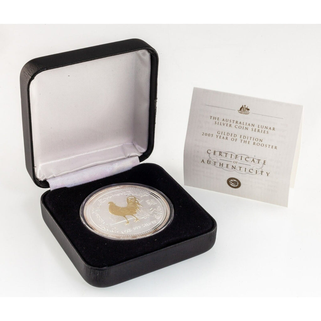 2005 Australian Lunar Series Year of the Rooster Gilded Silver Coin Box CoA