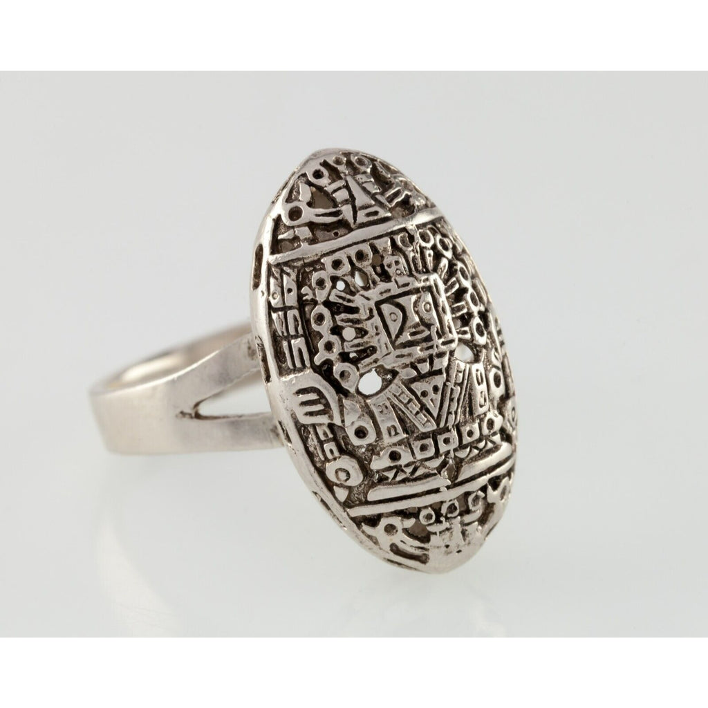 Aztec Style Warrior Oval Sterling Silver Ring Size 8.5