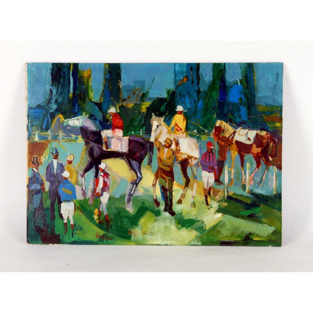 "Untitled" by Vidal, Horses and Riders, Oil Painting on Board, 15x21
