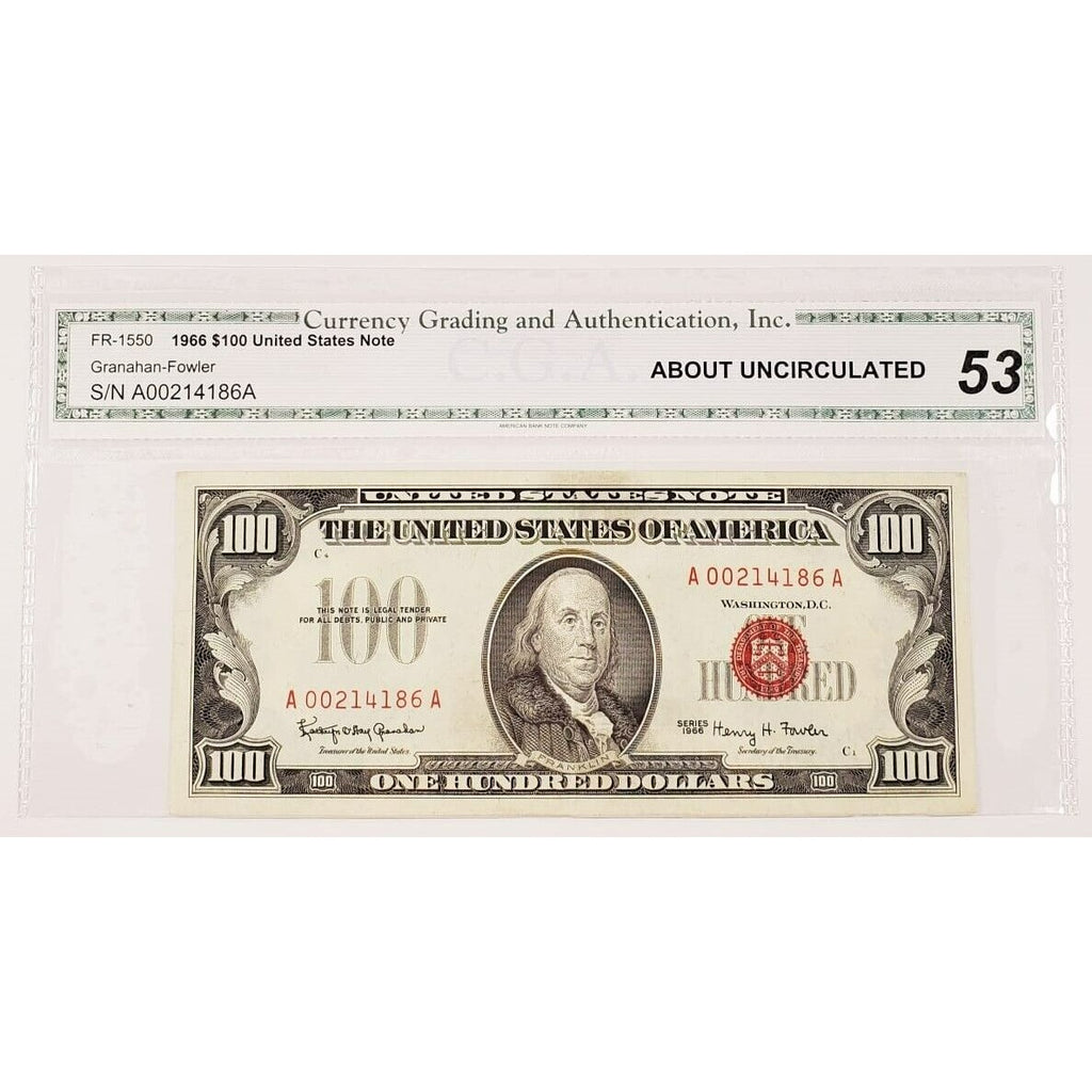 1966 $100 Red Seal United States Note About Uncirculated FR #1550
