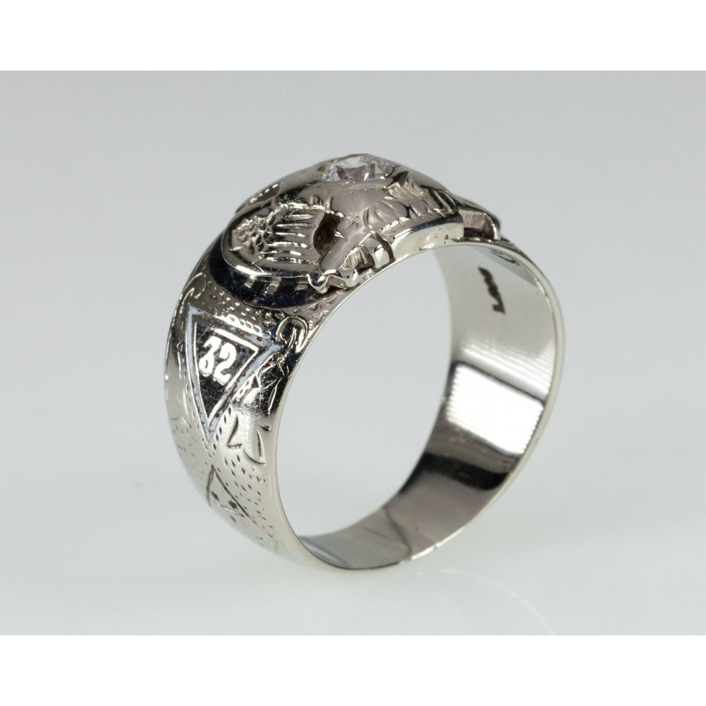 14k White Gold 32nd Degree Mason Eagle Diamond Ring with Enamel Size 11.5