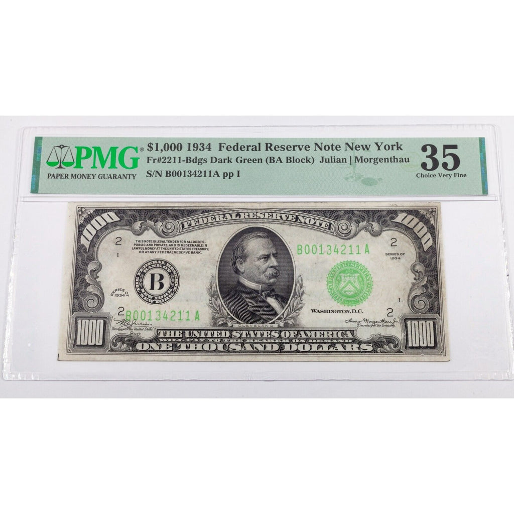 1934 $1000 Federal Reserve Note NY Fr #2211-Bdgs PMG Choice VF 35