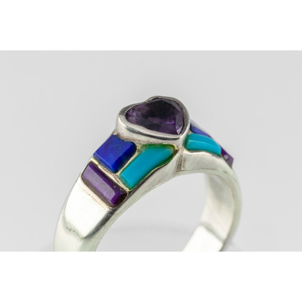 Handmade Turquoise, Purple Spiny, Lapis & Heart Amethyst Sterling Ring SZ 6.25
