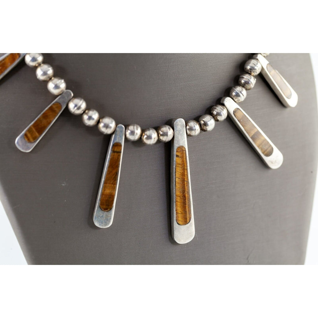 Mexico Sterling Silver Tiger Eye Bib Bead Necklace Gorgeous! 17"