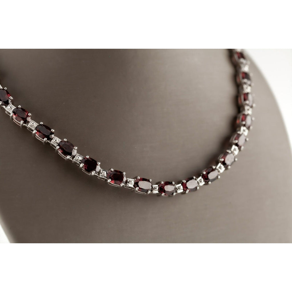 Sterling Silver Oval Red Cubic Zirconia Tennis Necklace 17"