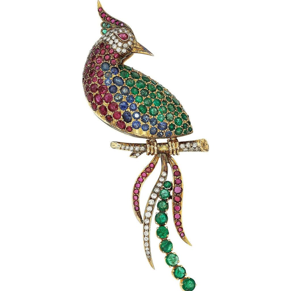14k Yellow Gold Multi-Gem Bird Brooch Diamond, Emerald, Sapphire, Ruby