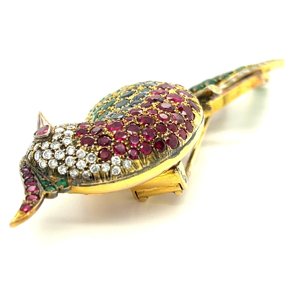 14k Yellow Gold Multi-Gem Bird Brooch Diamond, Emerald, Sapphire, Ruby