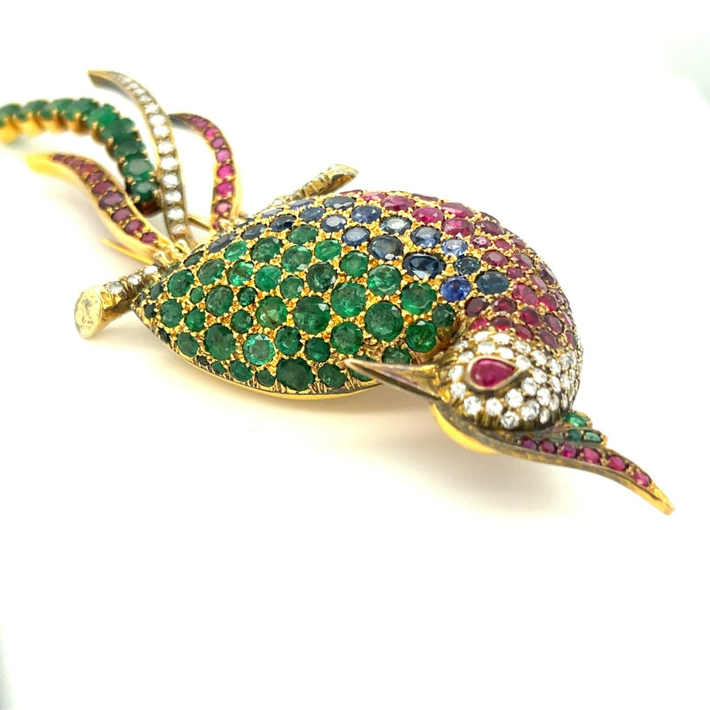 14k Yellow Gold Multi-Gem Bird Brooch Diamond, Emerald, Sapphire, Ruby
