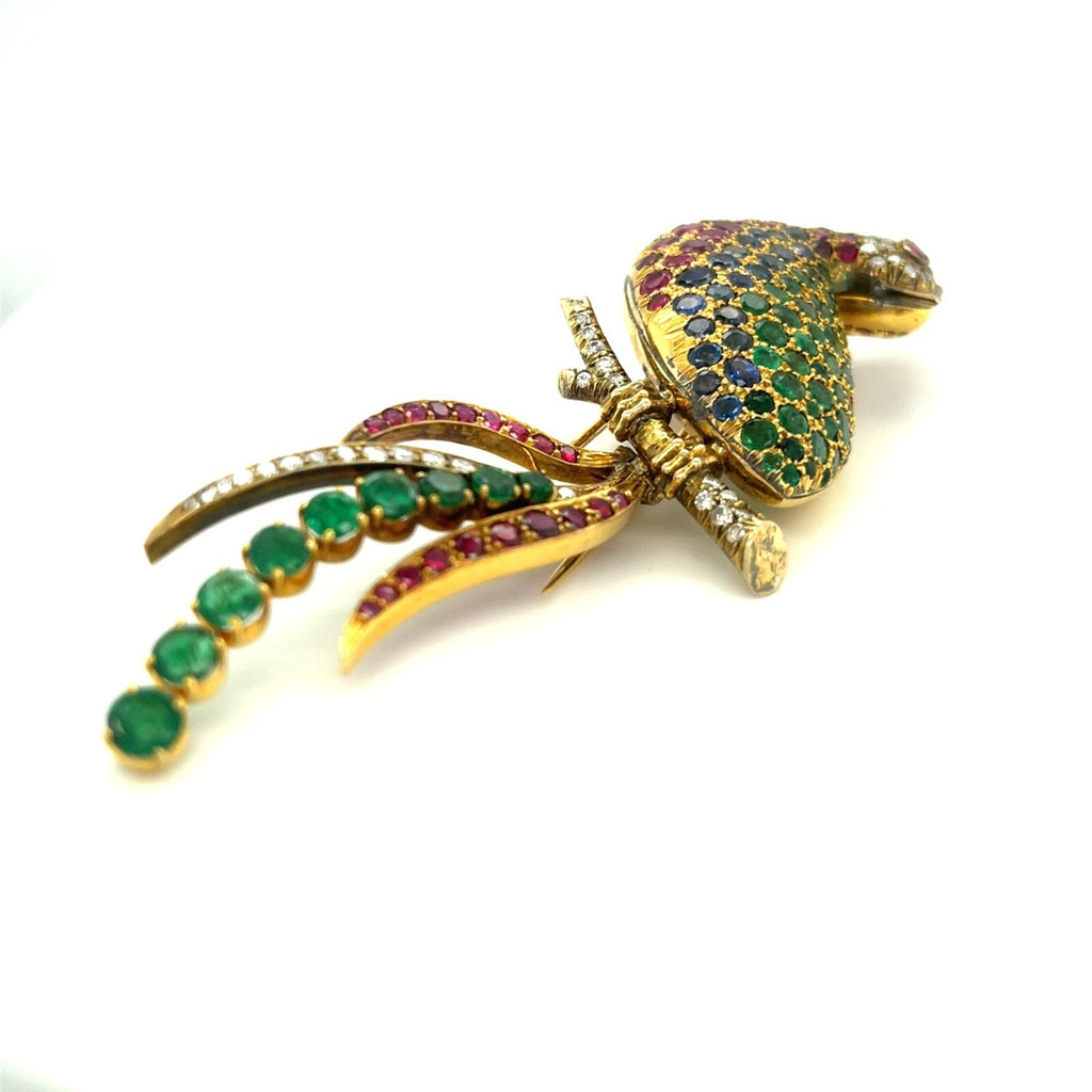 14k Yellow Gold Multi-Gem Bird Brooch Diamond, Emerald, Sapphire, Ruby
