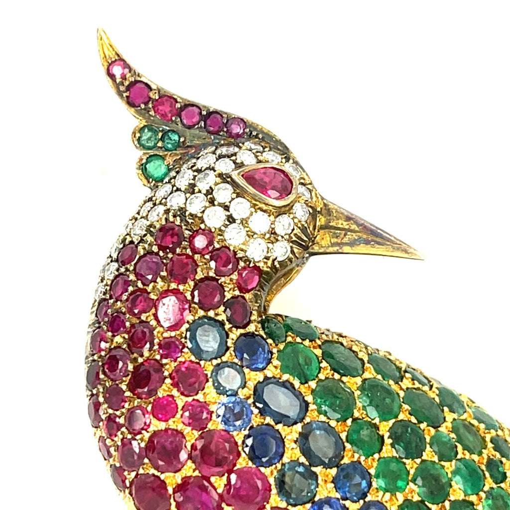 14k Yellow Gold Multi-Gem Bird Brooch Diamond, Emerald, Sapphire, Ruby