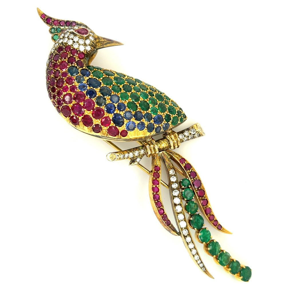 14k Yellow Gold Multi-Gem Bird Brooch Diamond, Emerald, Sapphire, Ruby