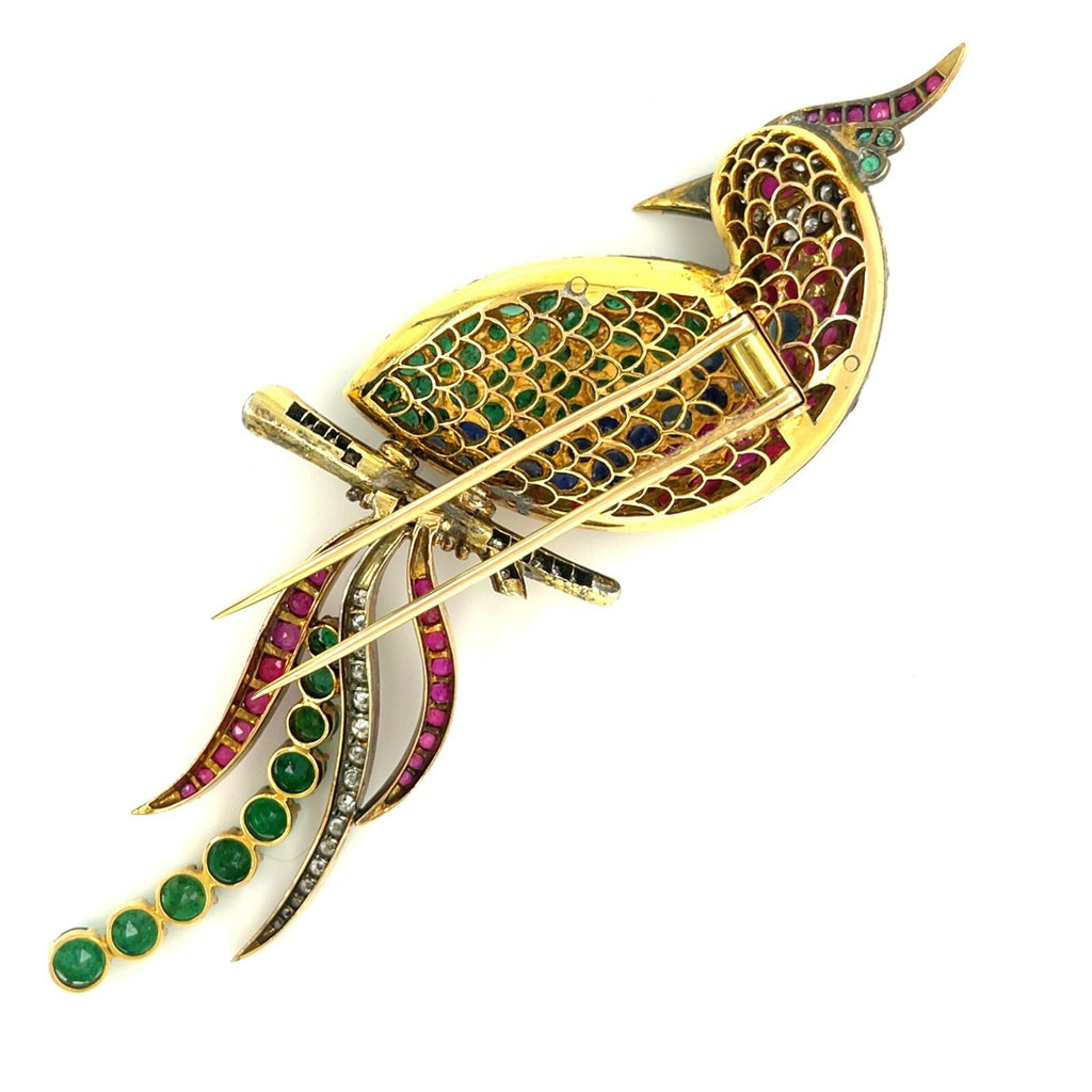 14k Yellow Gold Multi-Gem Bird Brooch Diamond, Emerald, Sapphire, Ruby
