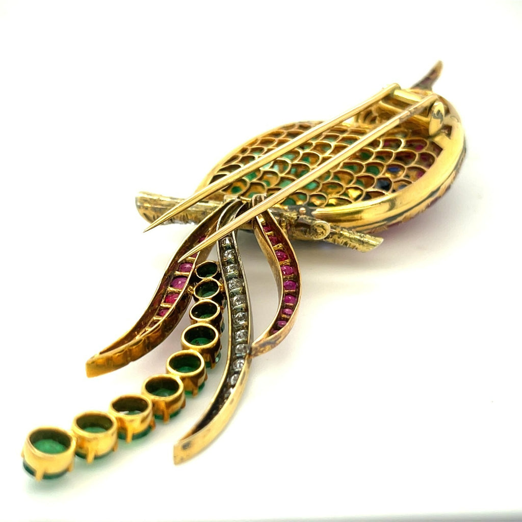 14k Yellow Gold Multi-Gem Bird Brooch Diamond, Emerald, Sapphire, Ruby