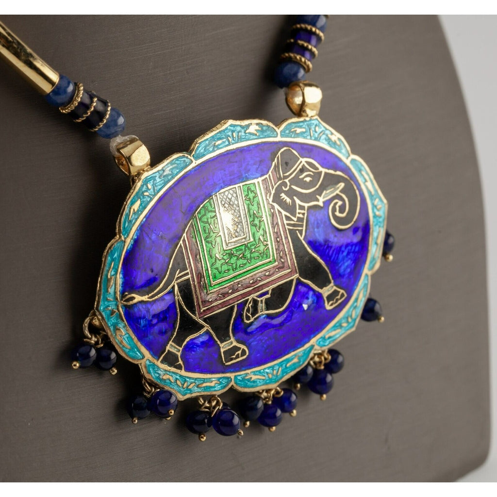 Gold Plated Costume Enamel Elephant Pendant with Beaded Accents