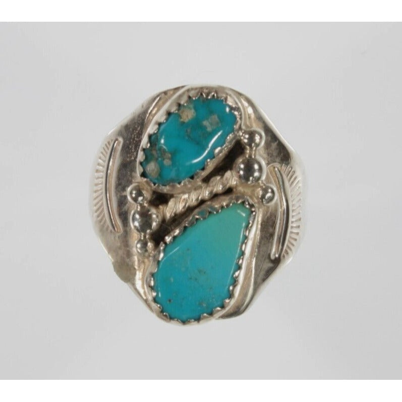 Sterling Silver Navajo Two-Stone Turquoise Ring Size 7.50 Signed AG
