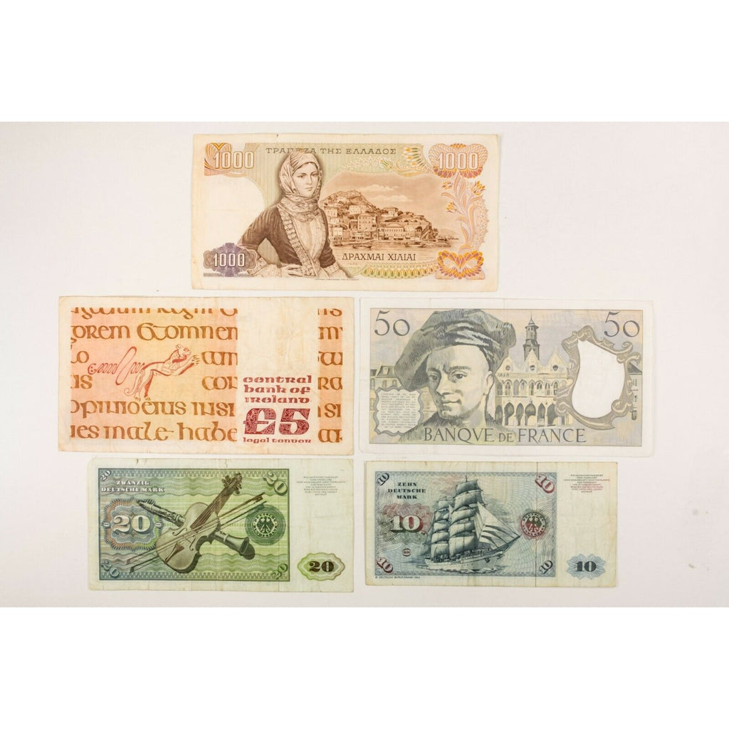 Europe Miscellaneous Notes. 5 Note Lot. VF - XF France, Germany, Greece, Ireland
