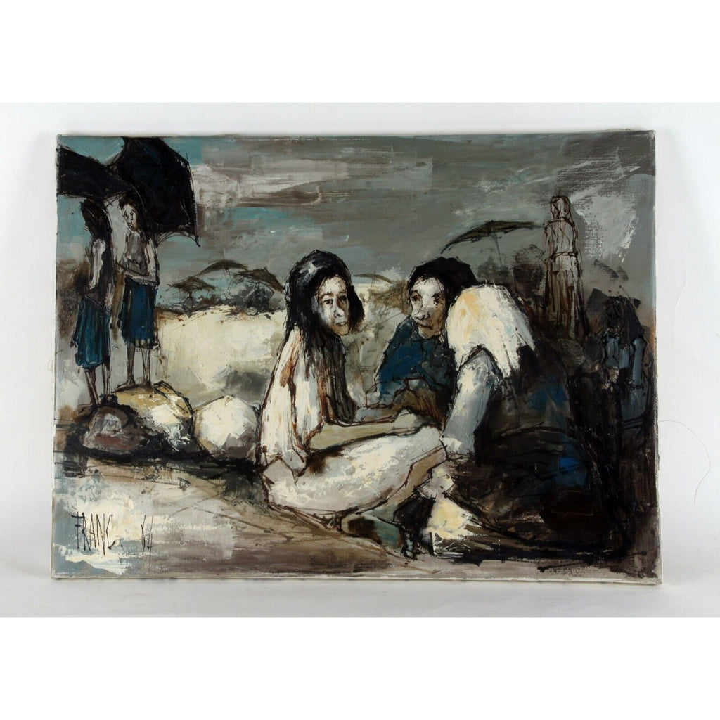 "Vielles Femmes aux Paraluies" by Franc, Old Women with Umbrellas, Oil on Canvas