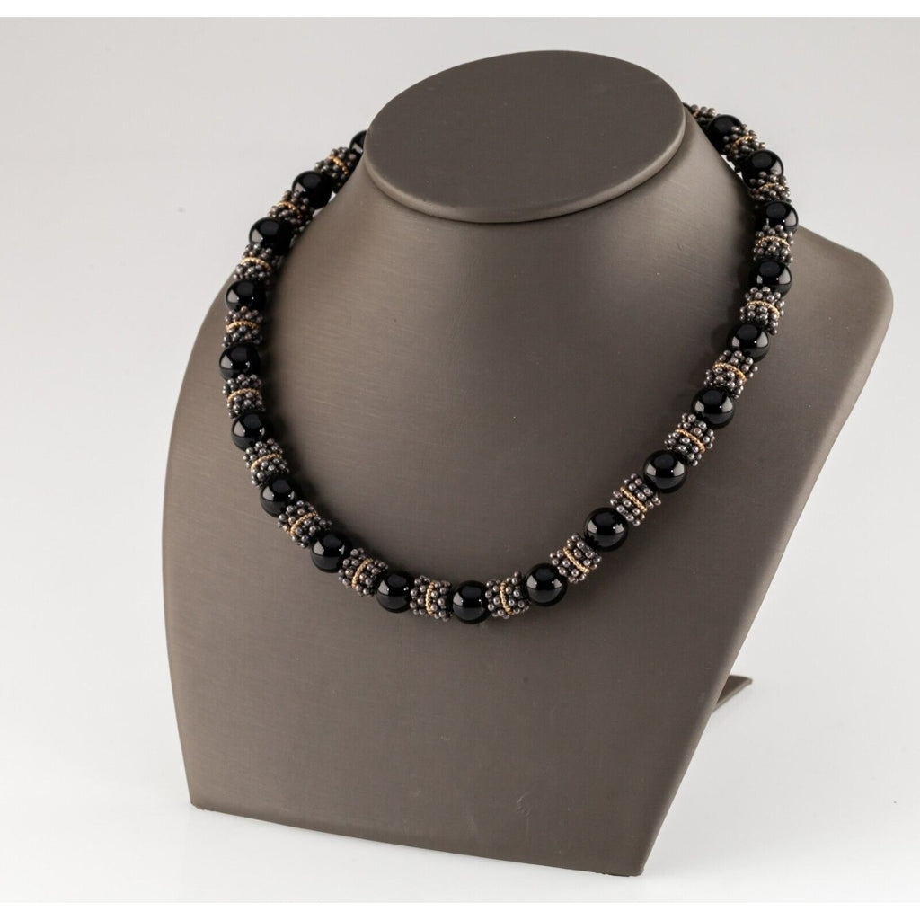 Sterling Silver Fancy Bead and Onyx Bead Strand Necklace with Toggle Clasp 19"