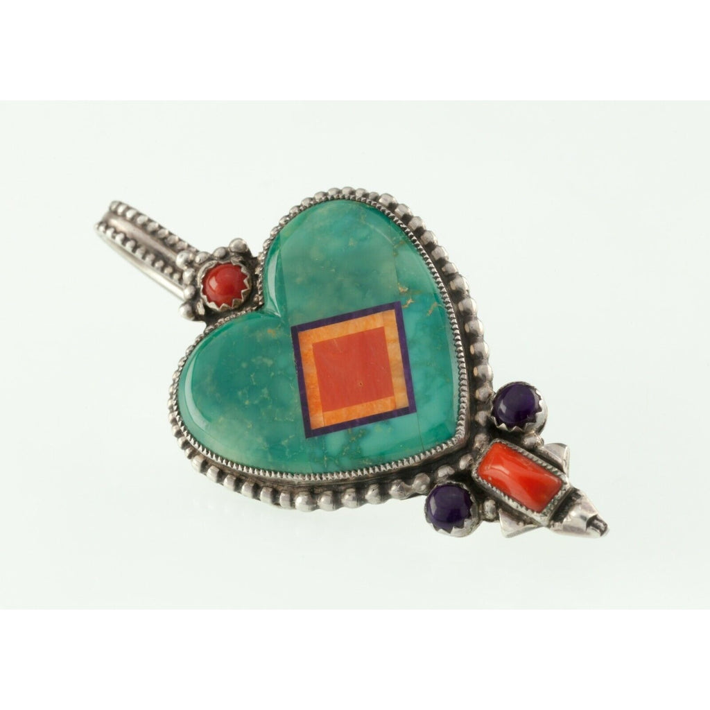 Aldrich Art Studio Turquoise, Spiny & Coral Inlay Sterling Silver Pendant 15.3gr