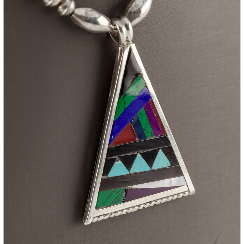 Gorgeous Sterling Silver Lapidary Inlay Pendant with Silver Bead Chain