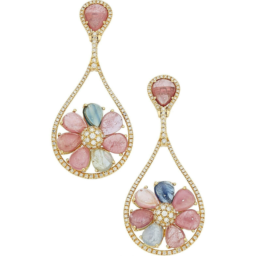 18k Gold Earrings w/ 3ct Full-cut Diamond and Gemstone Cabochon Flowers