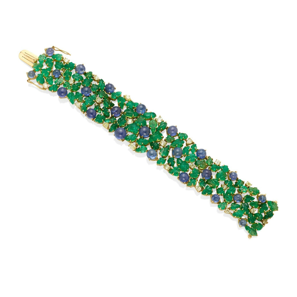 14k Gold Tanzanite Cabochon and Carved Emerald Bracelet w/ 2.85 ct Diamonds 7.5"