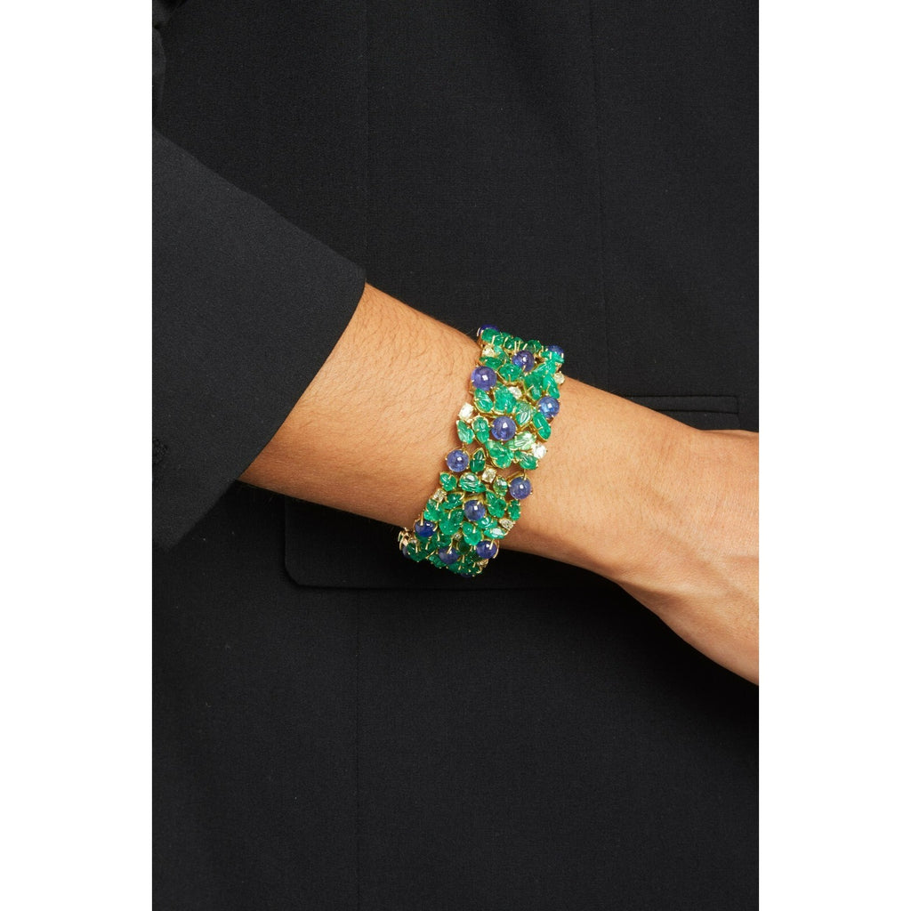 14k Gold Tanzanite Cabochon and Carved Emerald Bracelet w/ 2.85 ct Diamonds 7.5"