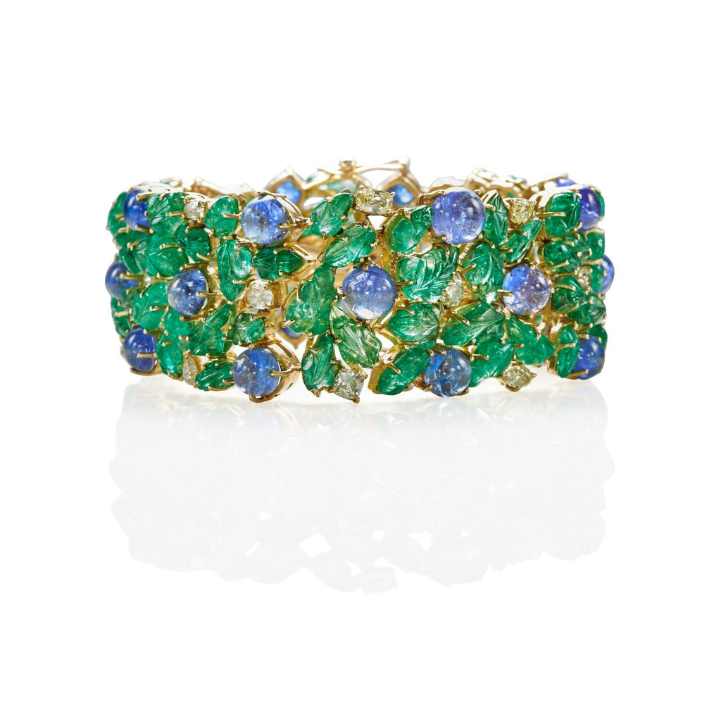 14k Gold Tanzanite Cabochon and Carved Emerald Bracelet w/ 2.85 ct Diamonds 7.5"