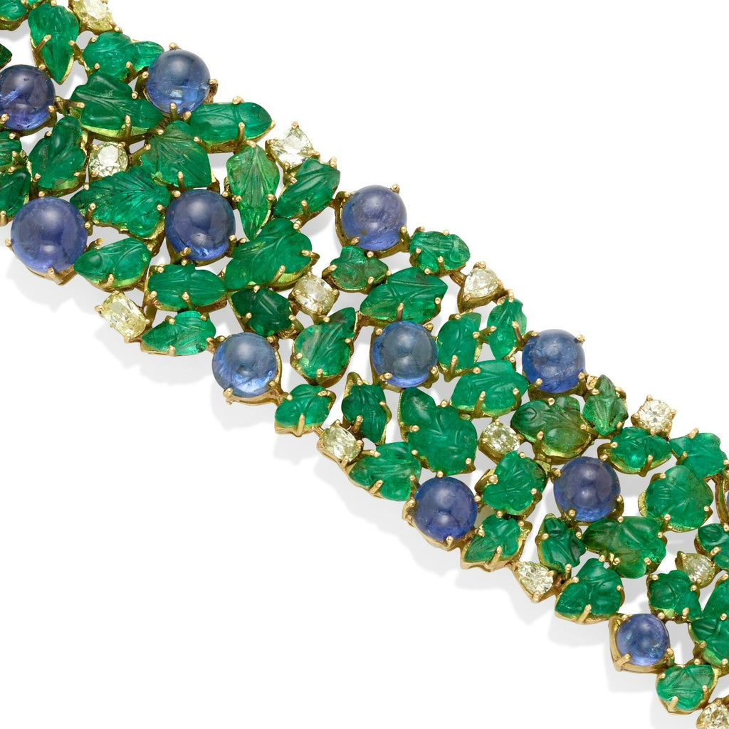 14k Gold Tanzanite Cabochon and Carved Emerald Bracelet w/ 2.85 ct Diamonds 7.5"
