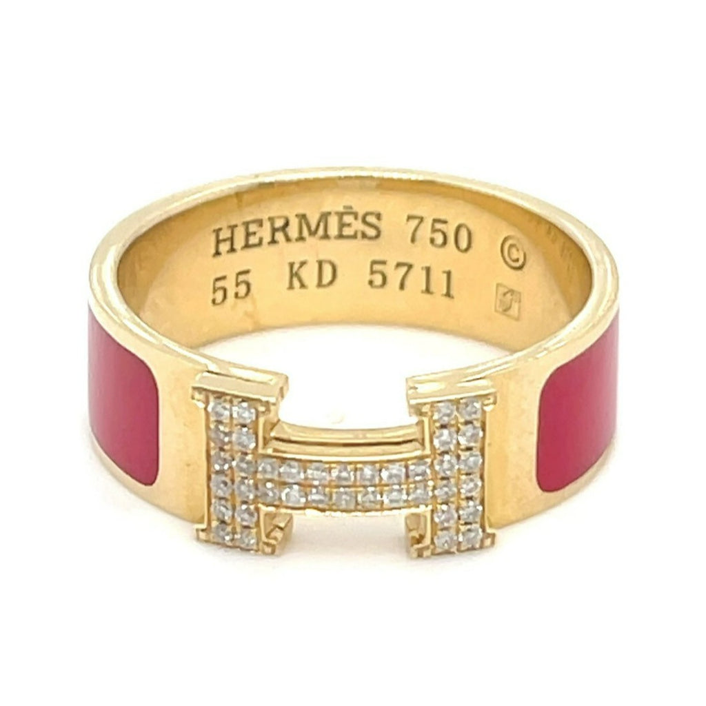 Hermes 18k Yellow Gold Diamond and Red Enamel H Clic Clac Ring Size 7 5.5g