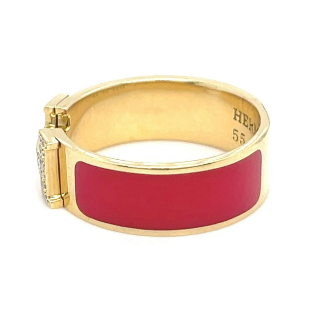 Hermes 18k Yellow Gold Diamond and Red Enamel H Clic Clac Ring Size 7 5.5g