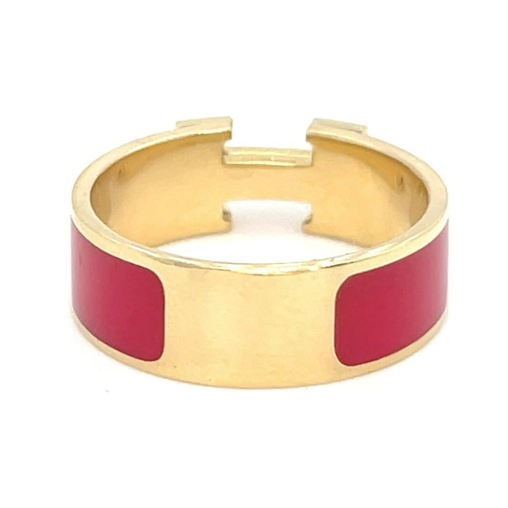 Hermes 18k Yellow Gold Diamond and Red Enamel H Clic Clac Ring Size 7 5.5g