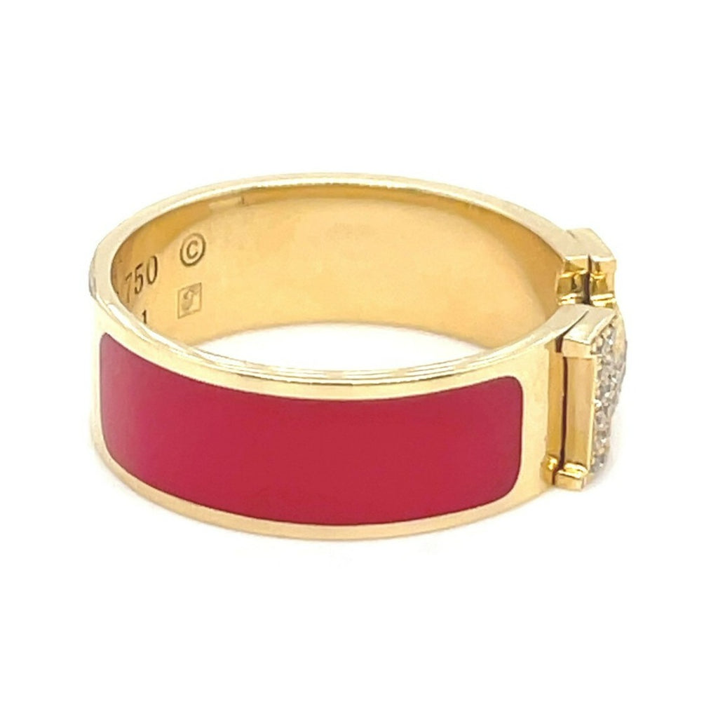 Hermes 18k Yellow Gold Diamond and Red Enamel H Clic Clac Ring Size 7 5.5g