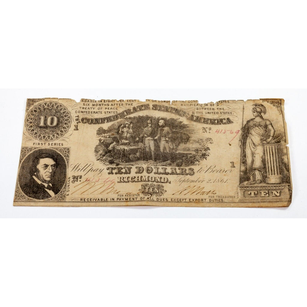 1861 $10 Confederate States Note Fine Condition T-30